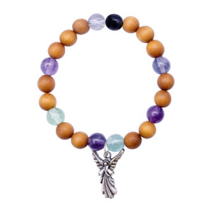 Fluorite and Wood Bracelet with Archangel Charm (8-8.5 mm Beads)
