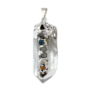 Crystal Quartz with Chakra Stones Rough Point Pendant 1.5-2"