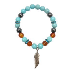 Carnelian, Hematite & Turquoise Beads Bracelet with Feather Charm
