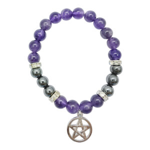 Amethyst and Hematite with Pentacle Charm Elastic Bracelet
