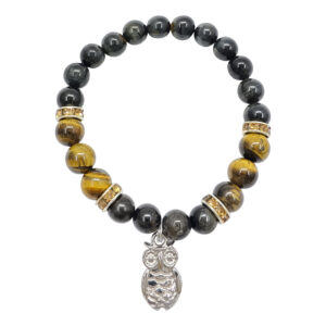 Blue and Brown Tiger Eye With Owl Charm Elastic Bracelet