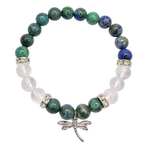 Dyed Chrysocolla and Crystal Quartz with Dragonfly Charm Elastic Bracelet