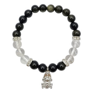Golden Sheen Obsidian and Crystal Quartz with Frog Charm Elastic Bracelet