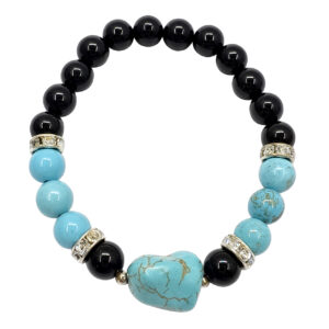 Black Onyx and Turquoise with Nugget Charm Elastic Bracelet