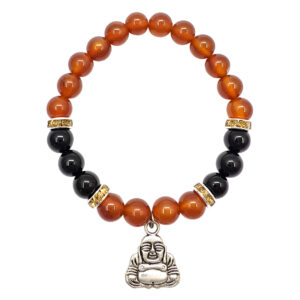 Red Agate and Black Onyx with Happy Buddha Charm Elastic Bracelet
