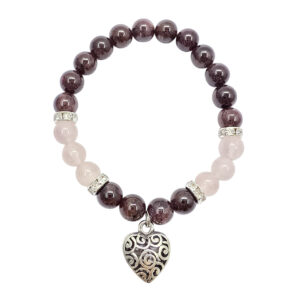Garnet and Rose Quartz with Heart Charm Elastic Bracelet