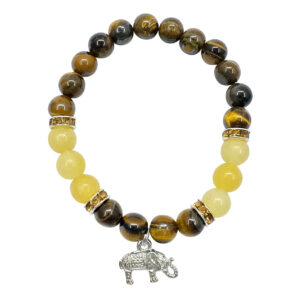Tiger Eye and Honey Jade with Elephant Charm Elastic Bracelet
