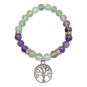 Fluorite and Amethyst with Tree of Life Charm Elastic Bracelet