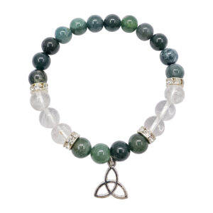 Green Moss Agate and Crystal Quartz with Triquetra Charm Elastic Bracelet