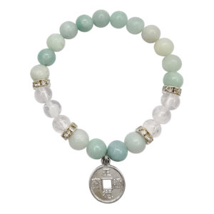 Amazonite and Crystal Quartz with Chinese Coin Charm Elastic Bracelet