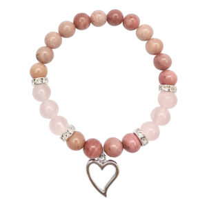 Rhodonite and Rose Quartz with Heart Charm Elastic Bracelet