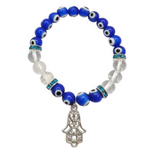 Evil Eye and Crystal Quartz with Hand of Fatima Charm Elastic Bracelet