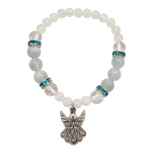 Rainbow Moonstone and Aquamarine with Angel Charm Elastic Bracelet