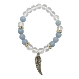 Angelite and Crystal Quartz with Angel Wing Charm Elastic Bracelet