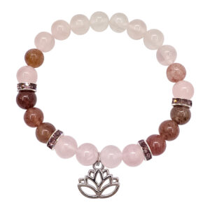 Rose Quartz and Strawberry Quartz with Lotus Charm Elastic Bracelet