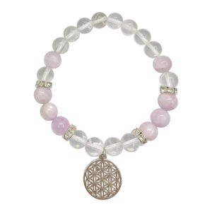 Crystal Quartz and Kunzite with Flower of Life Charm Elastic Bracelet