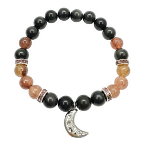 Rainbow Obsidian and Strawberry Quartz with Moon Charm Elastic Bracelet