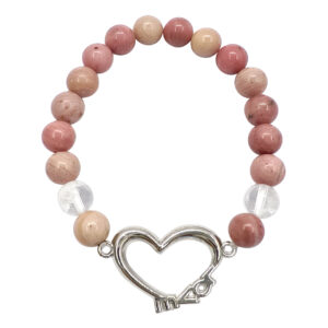 Rhodonite and Crystal Quartz with Heart Charm Elastic Bracelet