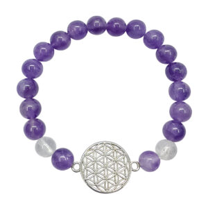 Amethyst and Crystal Quartz with Flower of Life Charm Elastic Bracelet