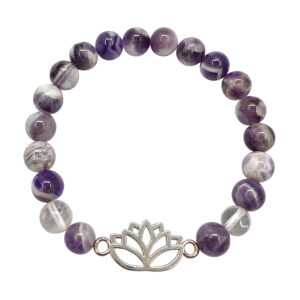 Chevron Amethyst and Crystal Quartz with Lotus Charm Elastic Bracelet
