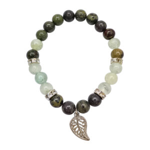 Dragonblood Jasper and Prehnite with Leaf Charm Elastic Bracelet