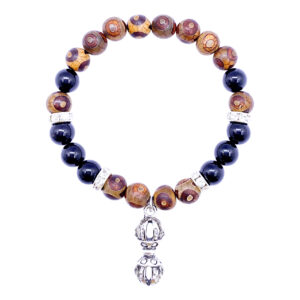 Tibetan Agate & Black Tourmaline Bracelet with Dorjee Charm.