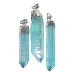 Rough Crystal Quartz Plated Aqua Aura Point Pendant with Cap (Pack of 3)