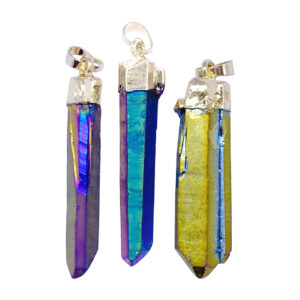 Rough Crystal Quartz Plated Black Rainbow Point Pendant with Cap (Set of 3)