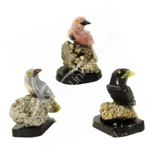 Mixed Stones Bird Carving on Pyrite & Black Wood Base