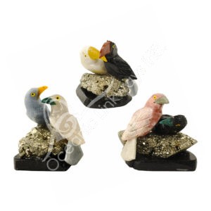 Mixed Stones Birds Carving on Pyrite & Black Wood Base