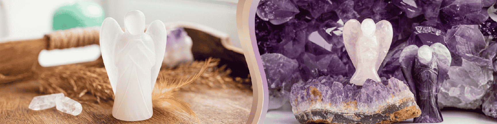 An angel carving on a wooden base on the left, with an amethyst background featuring an angel carved in amethyst and another angel on a drusy amethyst.