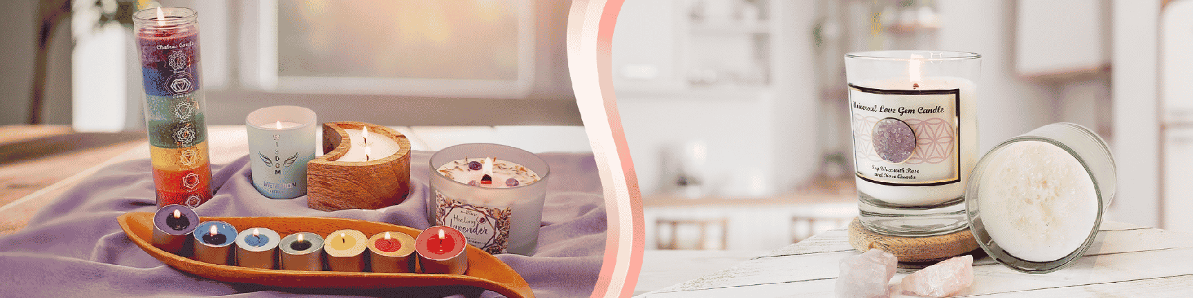 A variety of candles displayed on a purple cloth, including colorful chakra candles, tealights, jar candles, and decorative scented candles in glass and wooden holders.