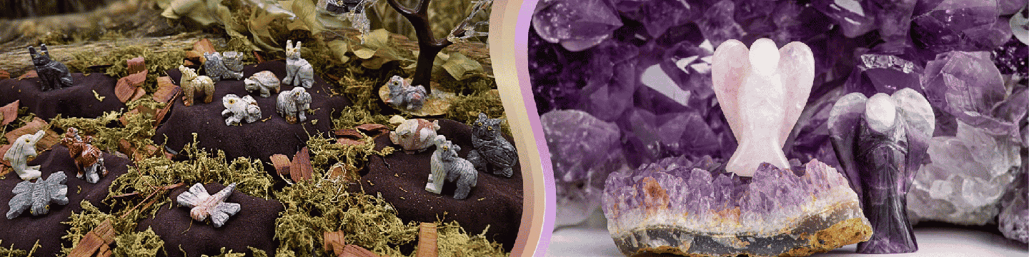 A natural background with Carving Stones to the left and a druzy background with Angel Carvings & an amethyst druse to the right.