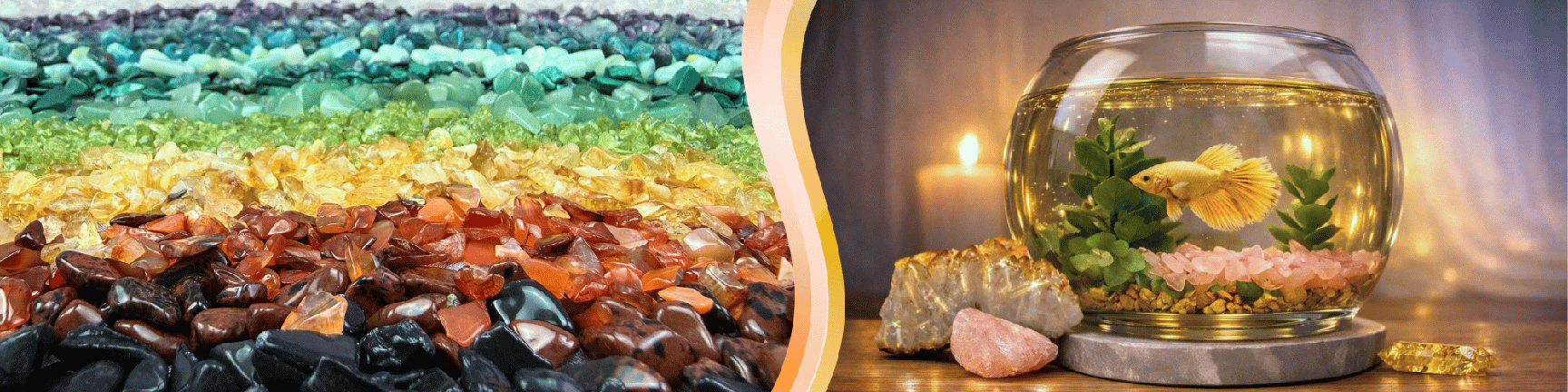 A colorful collection of natural stone chips displayed in a variety of vibrant shades, alongside a decorative glass bowl with a fish and stone chip accents with point, druse stone.