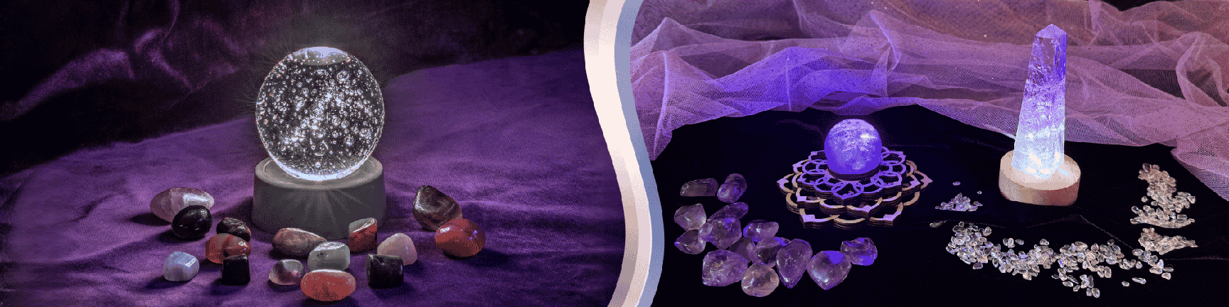A crystal sphere placed on a lighted base, with tumbled stones arranged to the left. Two additional lighted bases are shown: one with a sphere and the other with a standing point, surrounded by stones of different sizes.