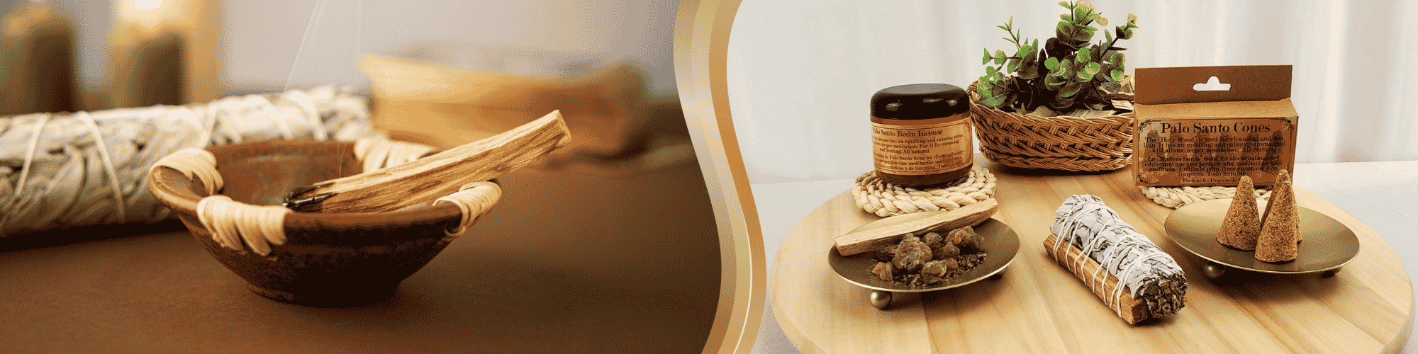 A collection of Palo Santo incense and smudge products displayed with their packaging on a wooden table, creating a natural and calming atmosphere.