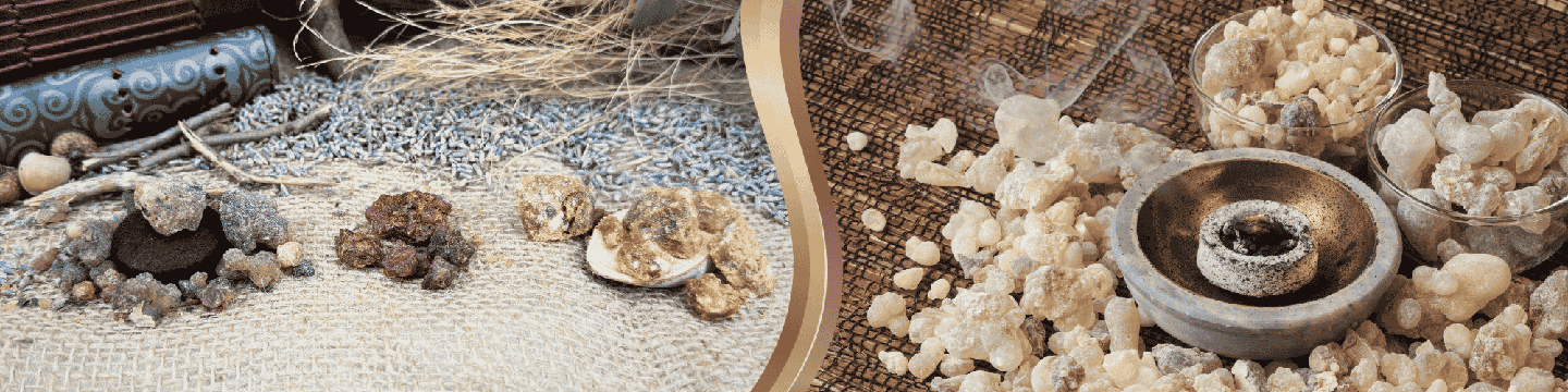 This image shows different types of natural incense resins and dried herbs arranged on a rustic surface. On the right, resin pieces surround a small incense burner with smoke rising from it. The scene has a warm, natural feel and is associated with aromatherapy, meditation, or spiritual practices.