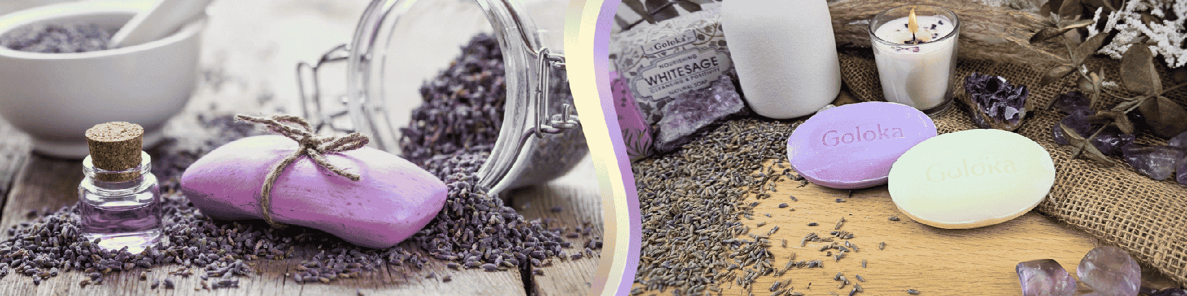 Collection of lavender-scented products featuring handcrafted soaps, a jar candle, essential oil, dried lavender buds, and decorative crystals displayed on a rustic tabletop.