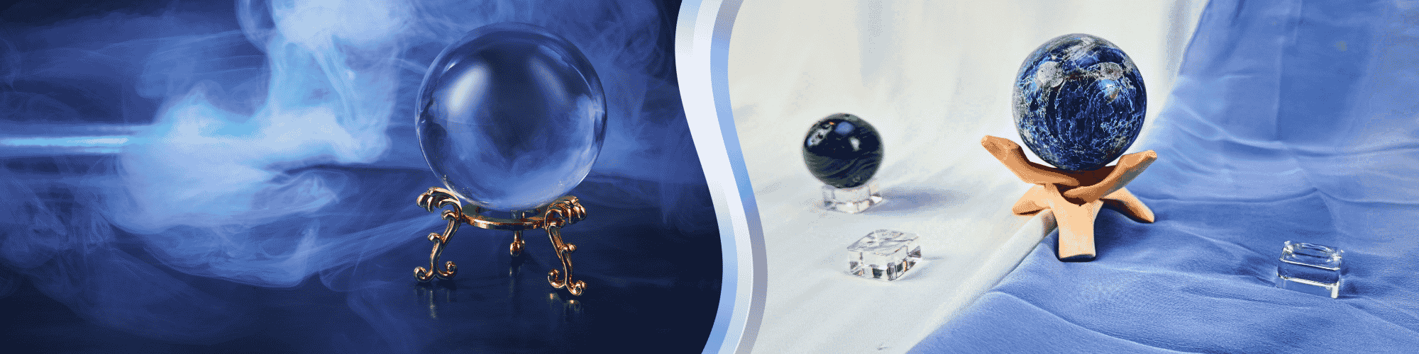 Crystal spheres displayed on elegant stands with a mystical blue background and soft swirling smoke.