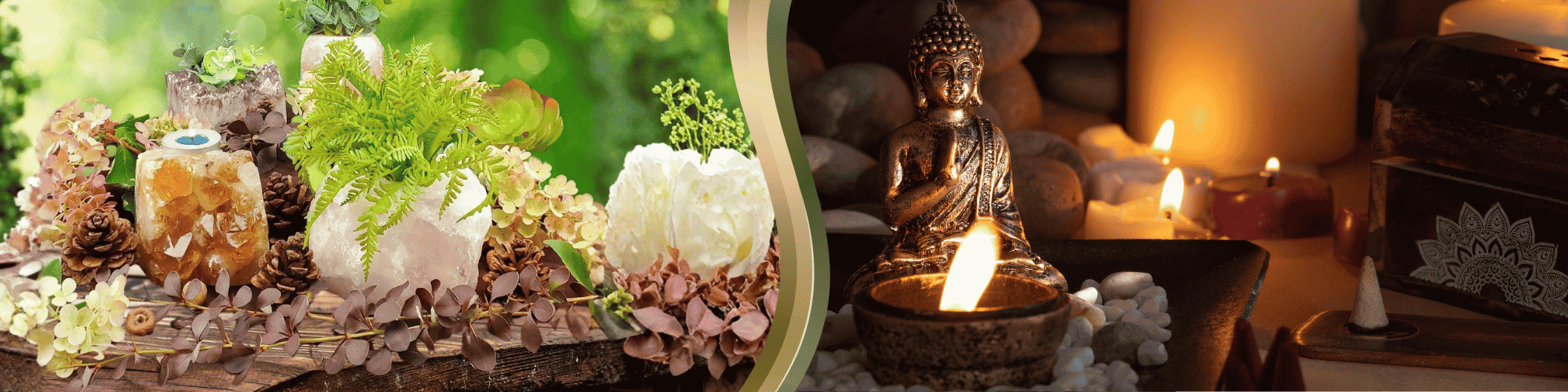 A calming arrangement of crystals, florals, and greenery paired with a Buddha statue, a lit tealight, and softly glowing candles
