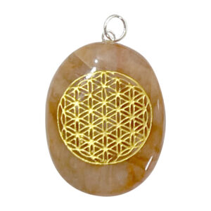 Peach Moonstone Worry Stone Pendant with Flower of Life