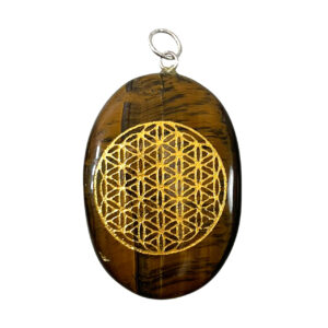 Tiger Eye Worry Stone Pendant with Flower of Life