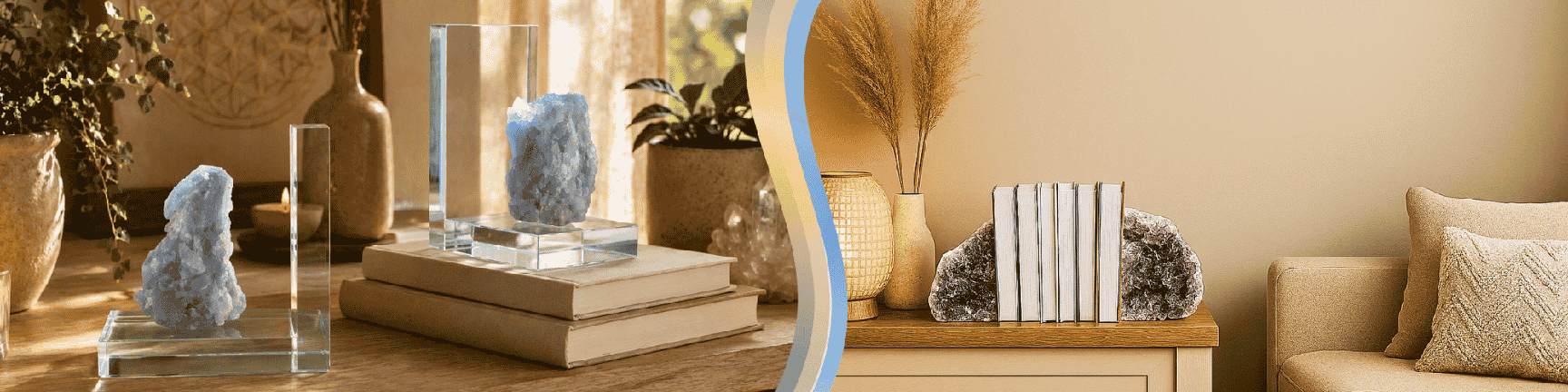 On the left, a pair of geode bookends displayed on a wooden table and on a stack of books. On the right, stone bookends holding four books on a table next to a couch.