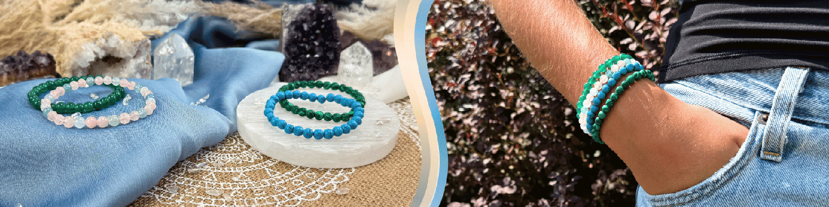 Crystal bead bracelets on the left; a person wearing crystal bead bracelets on the right.