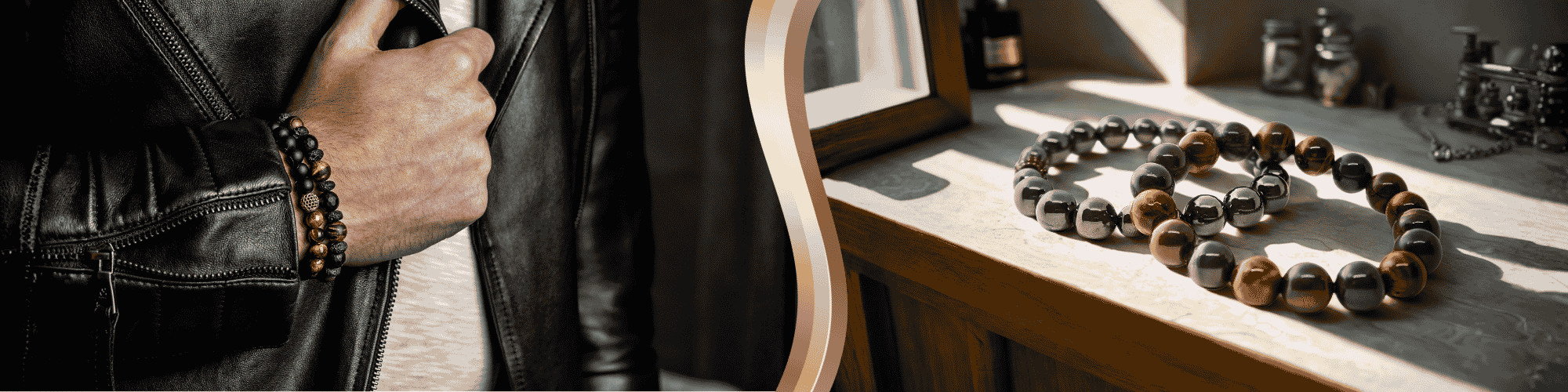 On the left, a man is wearing two bracelets on his wrist. On the right, two brown bracelets are stacked on a wooden table to the right.