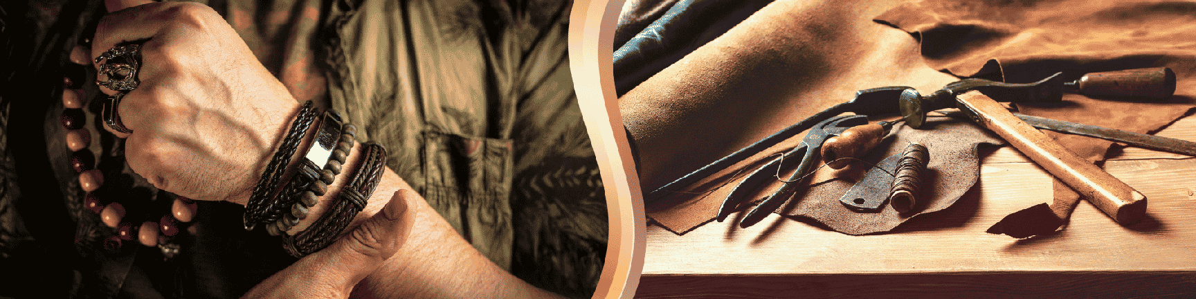 A person wearing several leather bracelets on the left, with leather crafting tools on a wooden table on the right.