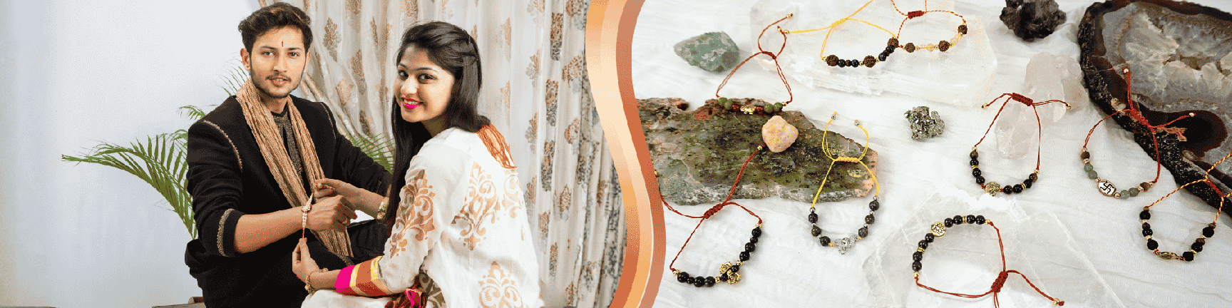 To the left, woman tying a rakhi on a man's wrist with handcrafted rakhi bracelets displayed beside them. To the right, handcrafted rakhi bracelets displayed with natural crystals and gemstones.