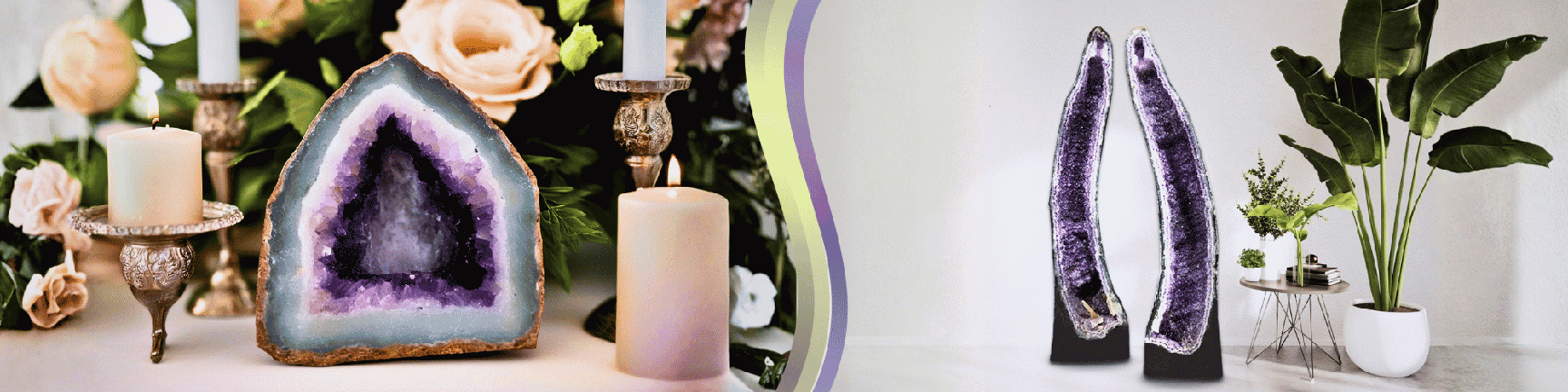 Left: A large amethyst geode displayed among lit candles and cream-colored flowers. Right: Two tall amethyst cathedral geodes on black stands beside a small table with plants and a large potted bird of paradise plant against a white wall.