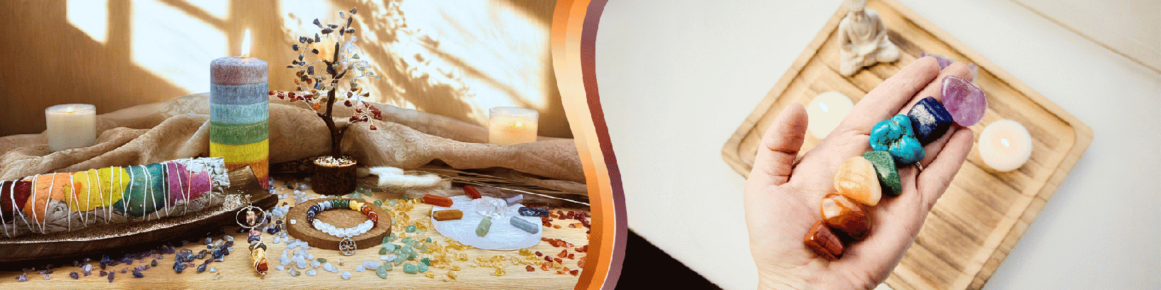 Banner featuring colorful chakra-themed candles, crystals, and a sage bundle on the left, with a hand holding polished gemstones above a wooden tray.