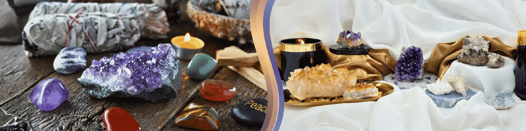 A druse surrounded by various stones and a smudge stick displayed on a table to the left. On the right, several crystal clusters and druse stones displayed on a gold plate and stone plaques.